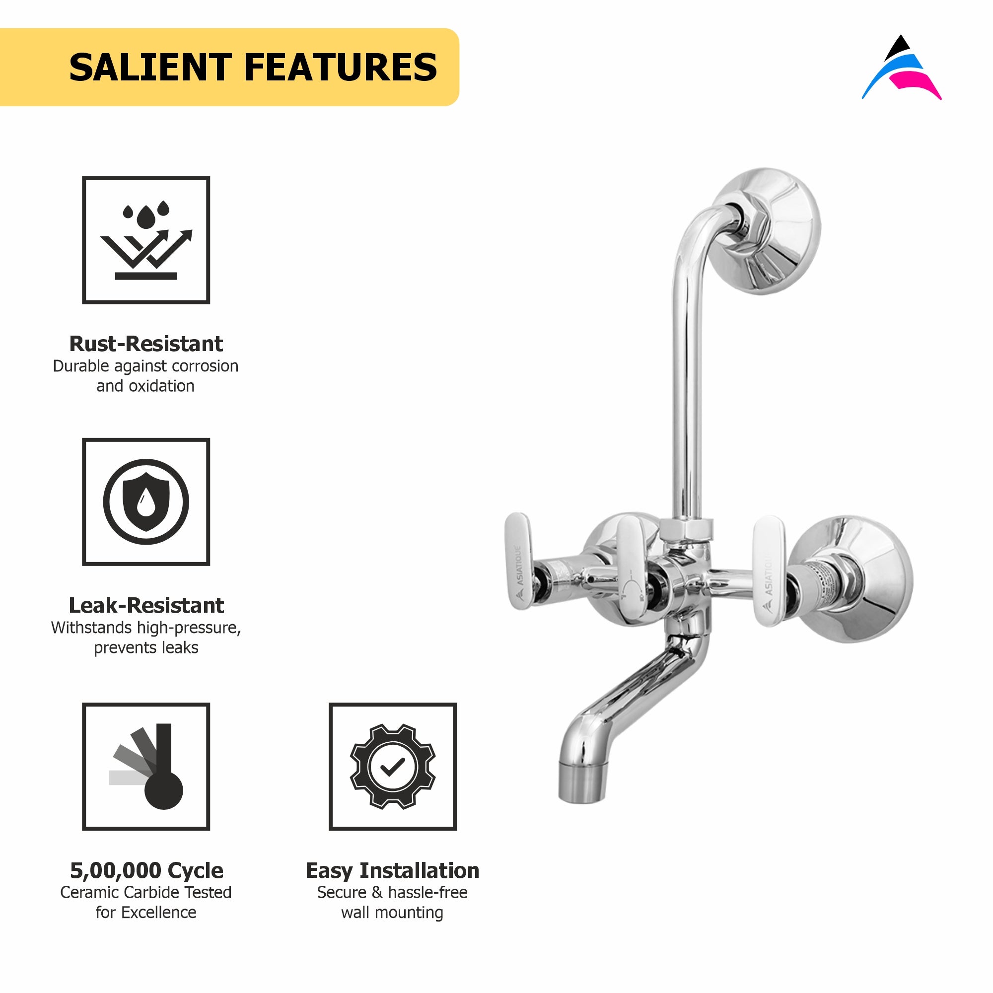 Asiatique Wall Mixer With 'L' Bend (V-017L), Venus Series Premium Faucets & Mixers