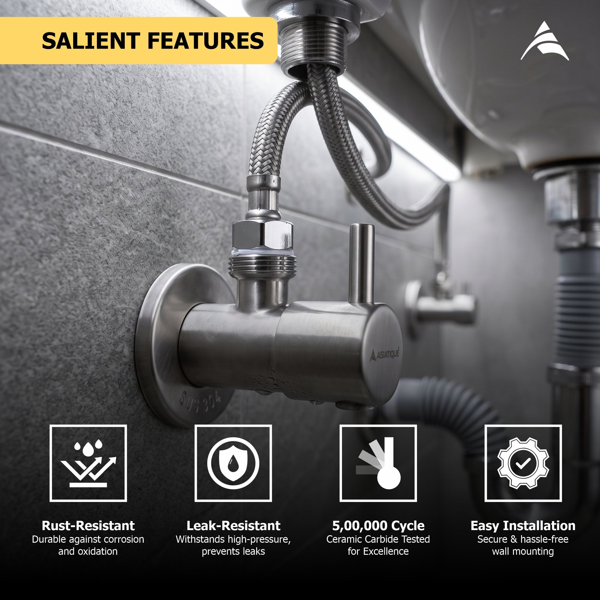 Asiatique X-001 SS 304 Angle Cock (56 grm) | Stainless Steel Water Control Valve | Premium Bathroom Fitting