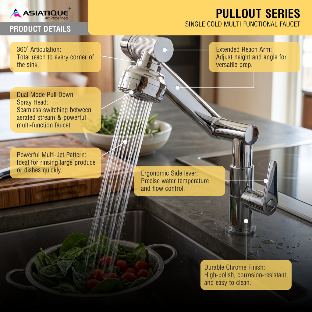 Asiatique X-007 Single Cold Multi-Functional Kitchen Faucet | Pull Out Series | Premium Chrome Finish