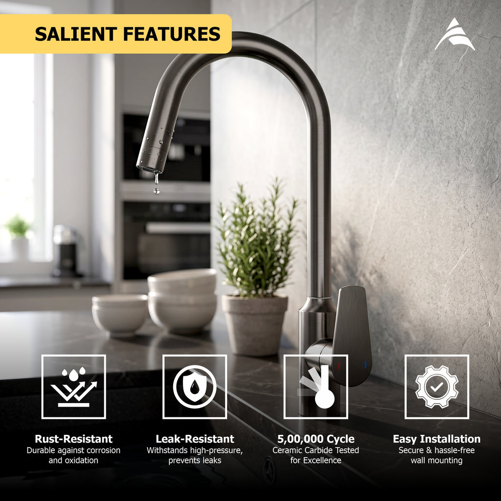 Asiatique X-008 S/L B/M Water Kitchen Faucet Grey | Pull Out Series | Premium Hot & Cold Kitchen Mixer Tap