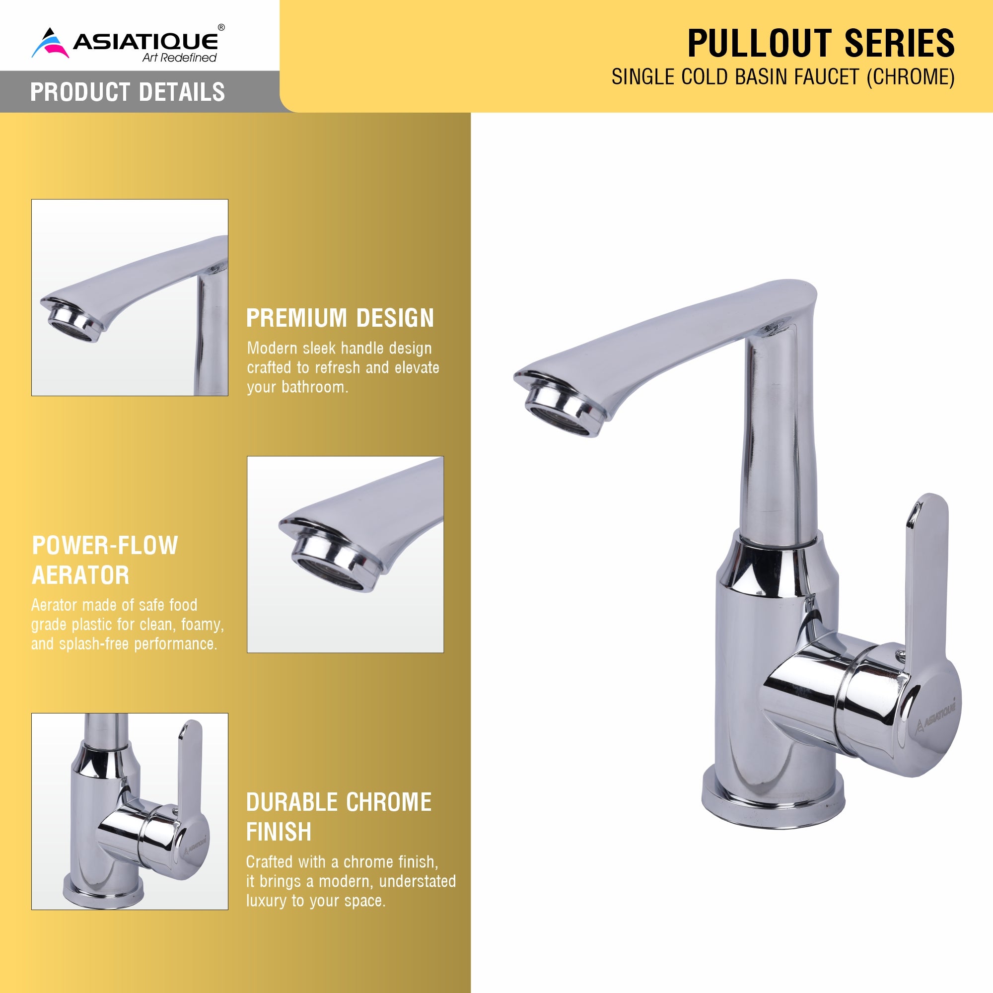 Asiatique X-011 Single Cold Basin Faucet Chrome | Modern Single Lever Faucet | Pull Out Series