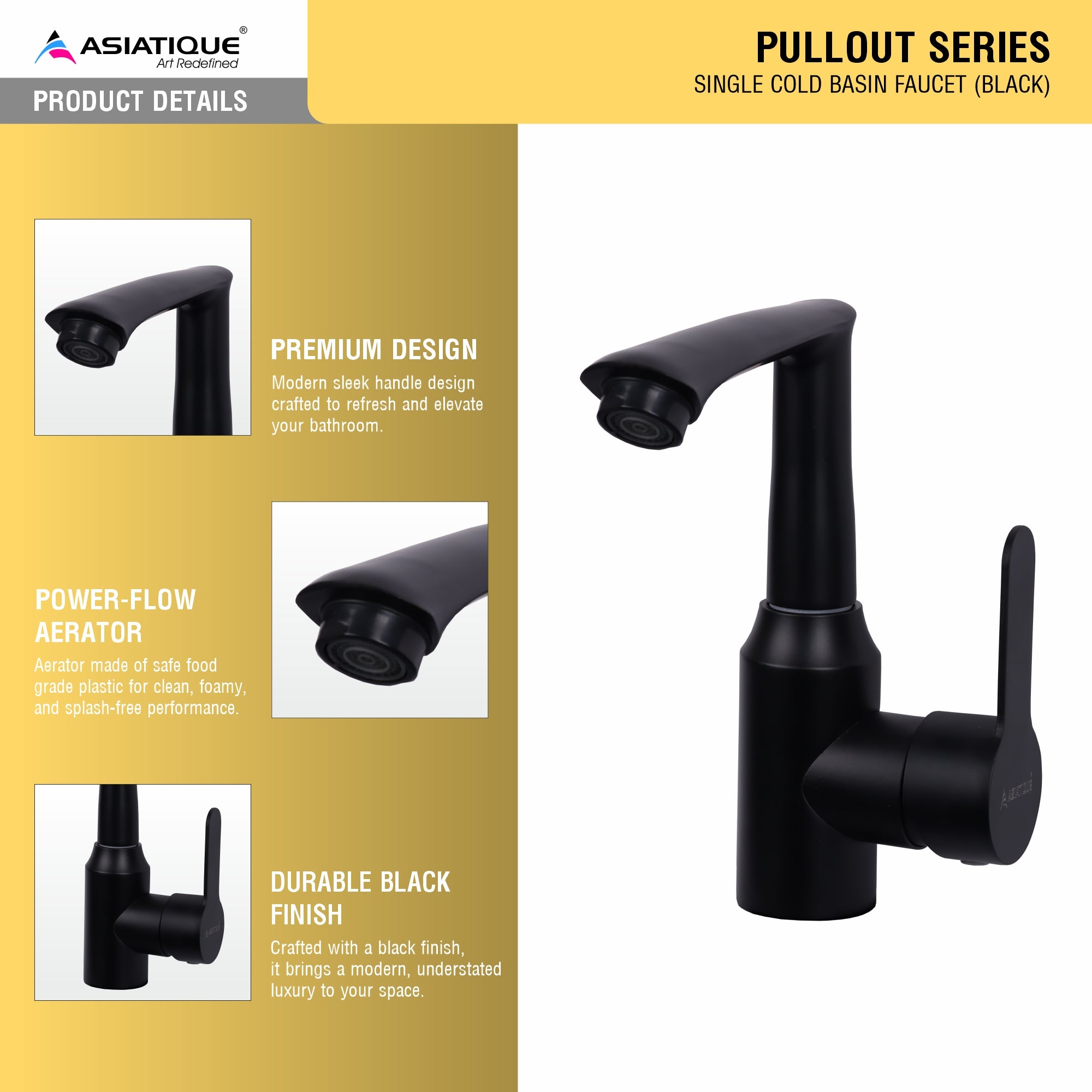 Asiatique X-013 Single Cold Basin Faucet Black | Modern Single Lever Basin Tap | Pull Out Series