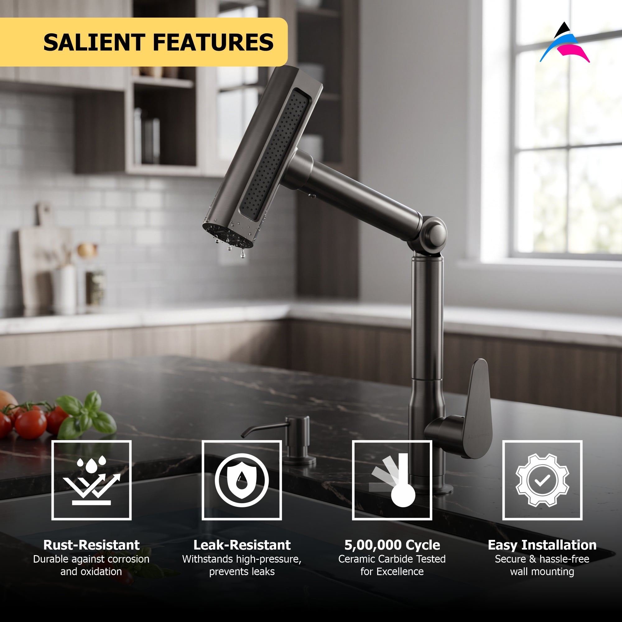 Asiatique X-014 Single Cold Multi-Functional Pull-Out Kitchen Faucet Grey | Premium Gunmetal Finish | Pull Out Series