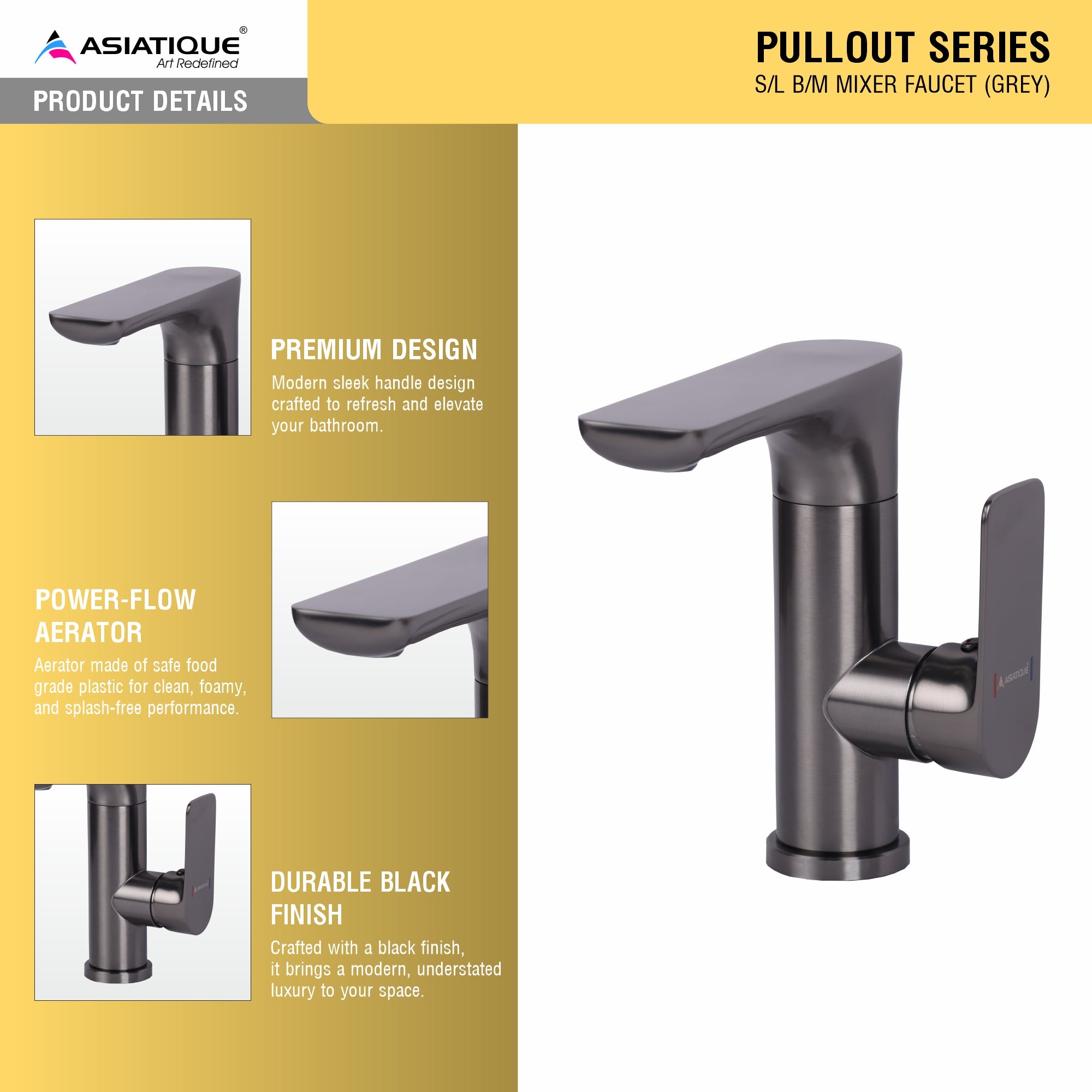 Asiatique X-016 S/L B/M Mixer Faucet Grey | Single Lever Hot & Cold Basin Mixer | Pull Out Series
