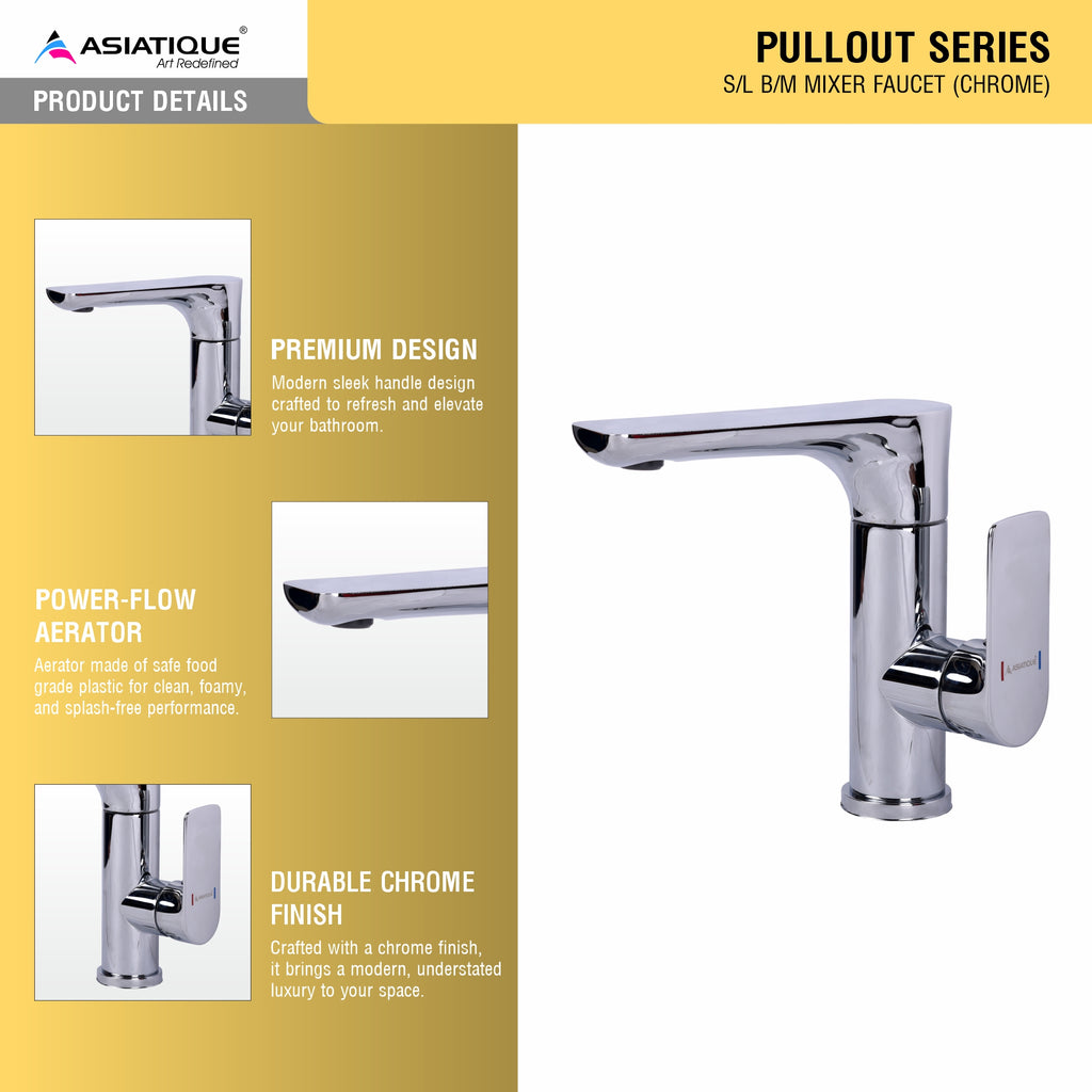 Asiatique X-017 Single Lever Basin Mixer Faucet Chrome | Hot & Cold Water Mixer Tap | Pull Out Series