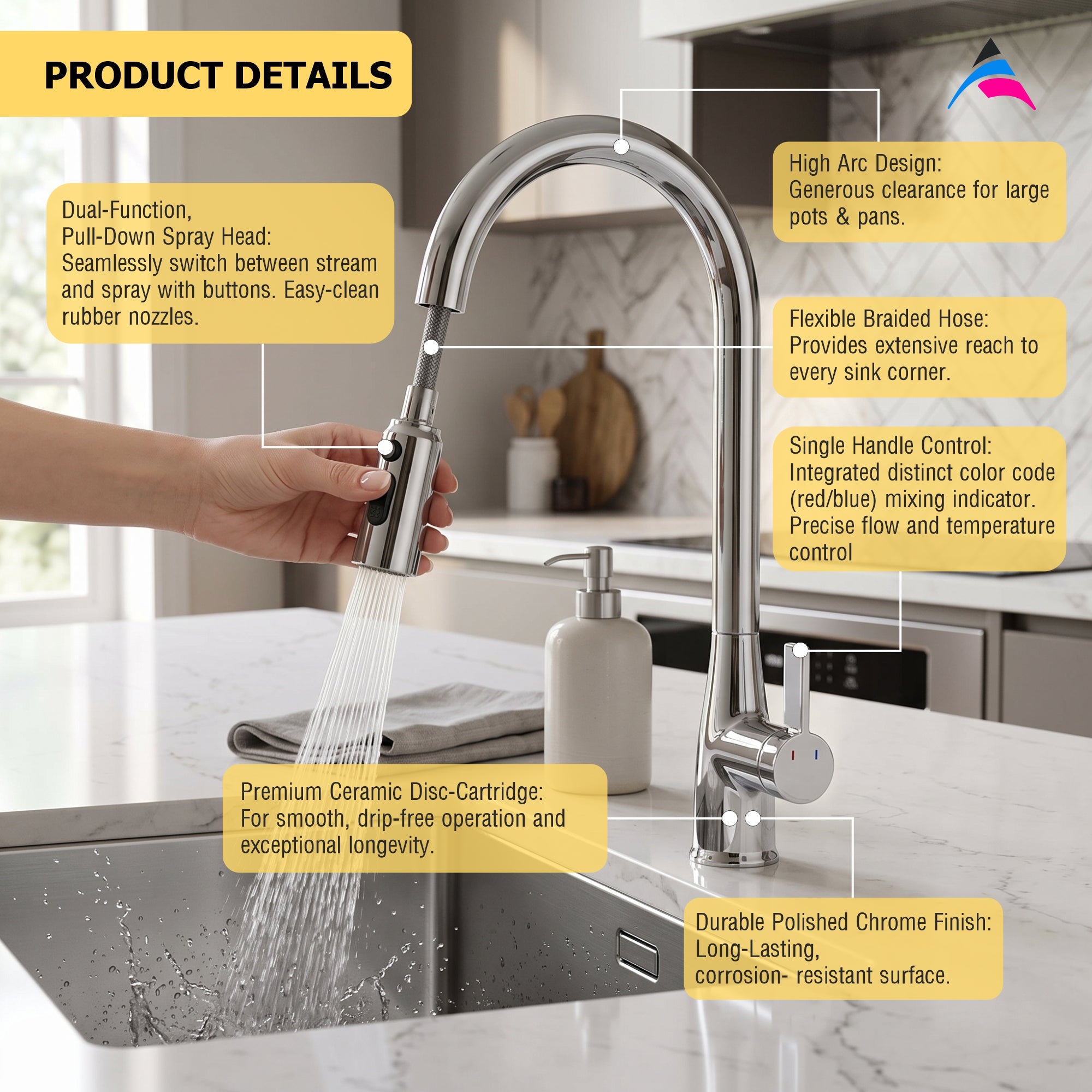 Asiatique X-018 S/L B/M Pull Down Kitchen Faucet Chrome | Premium Kitchen Mixer Faucet | Pull Out Series
