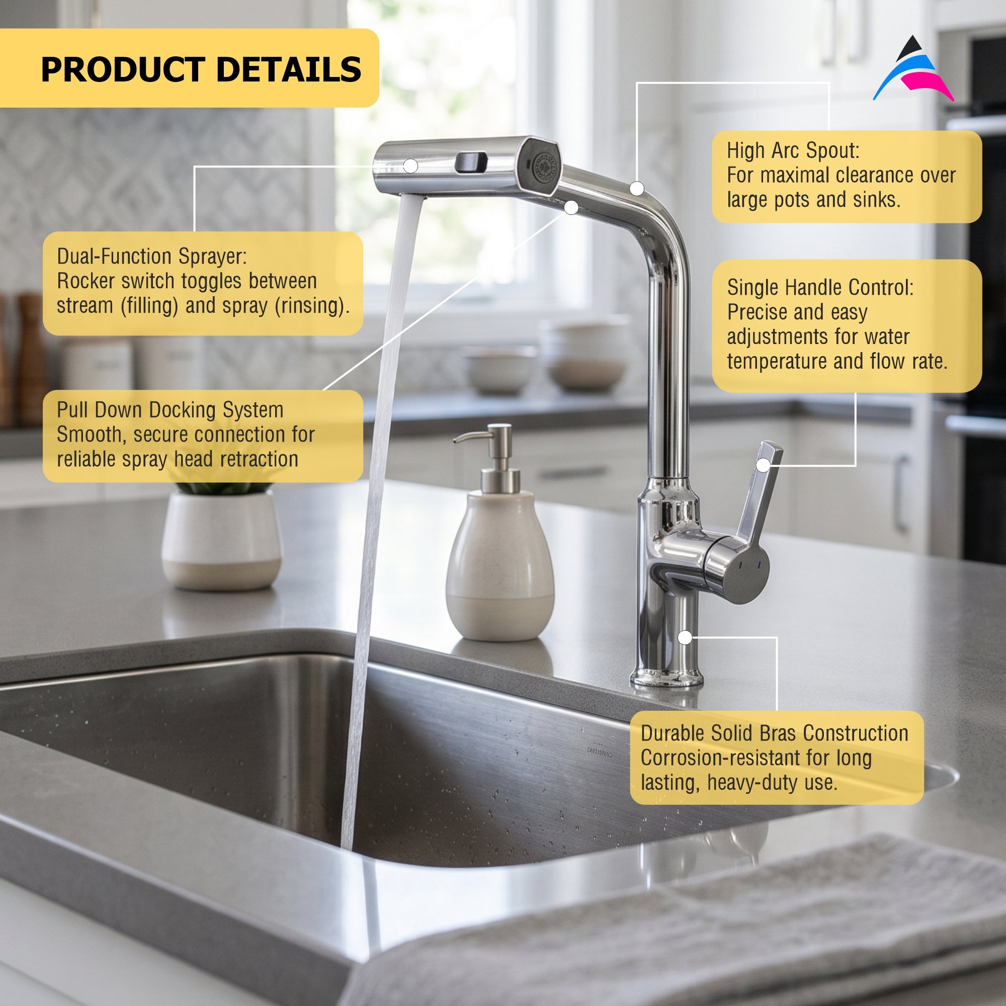 Asiatique X-019 S/L B/M Pull Down Kitchen Faucet Chrome | Modern Single Lever Kitchen Mixer | Pull Out Series