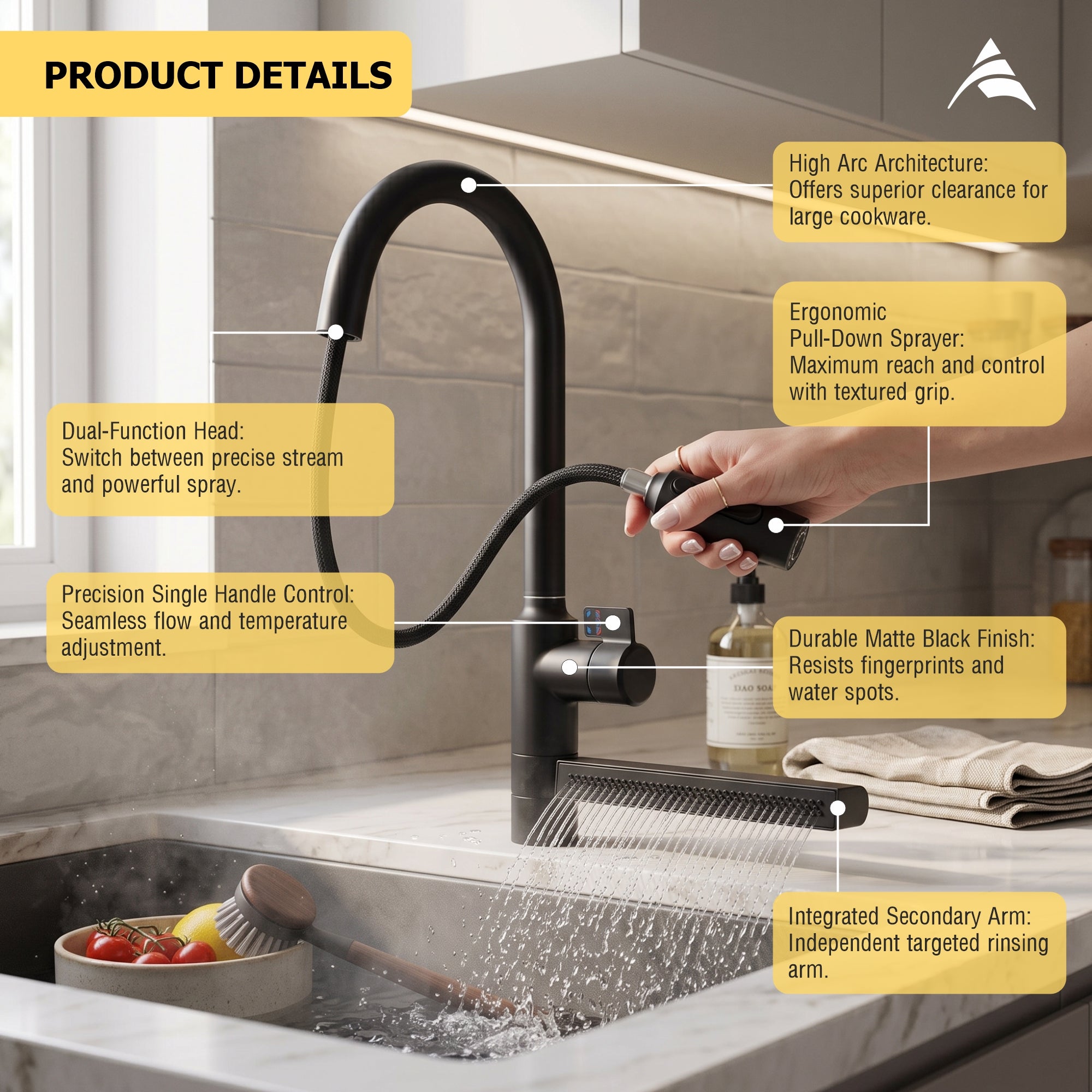 Asiatique X-022 Multi-Function Pull Down Kitchen Faucet Black | Single Lever Kitchen Mixer | Pull Out Series