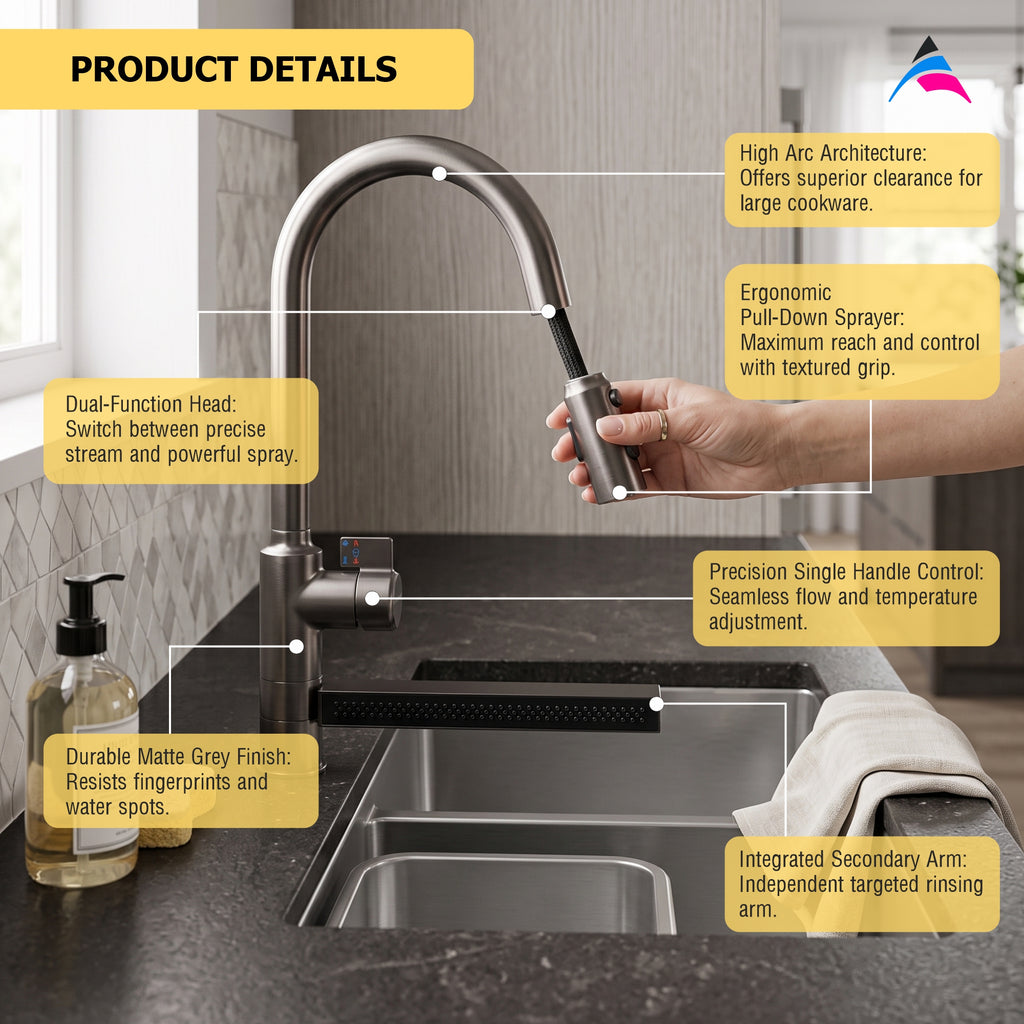 Asiatique X-023 Multi-Function Pull Down Kitchen Faucet Grey | Single Lever Kitchen Mixer | Pull Out Series
