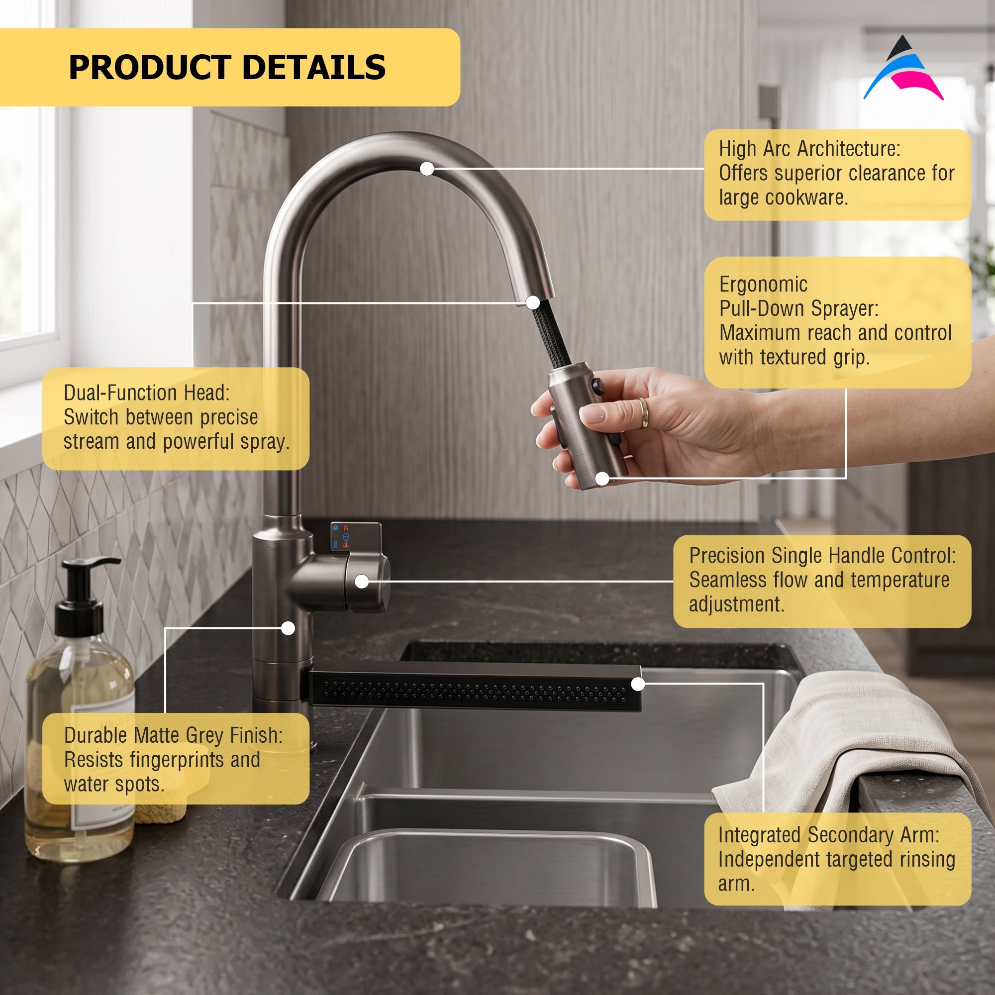 Asiatique X-023 Multi-Function Pull Down Kitchen Faucet Grey | Single Lever Kitchen Mixer | Pull Out Series